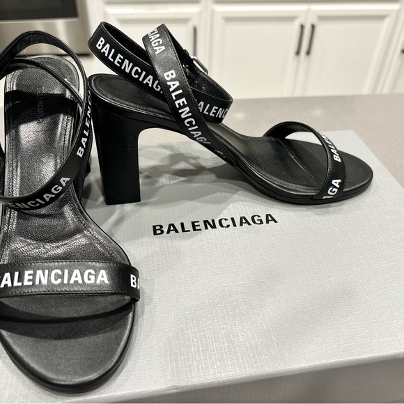Balenciaga Women's Black & White Allover Logo Ankle Strap Sandals - Picture 4 of 10